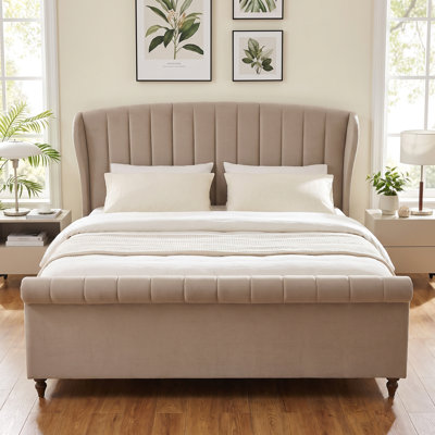 Transitional Arched Channel-Tufted Upholstered Velvet Platform Wingback Bed with Walnut Finish Legs, King, Taupe