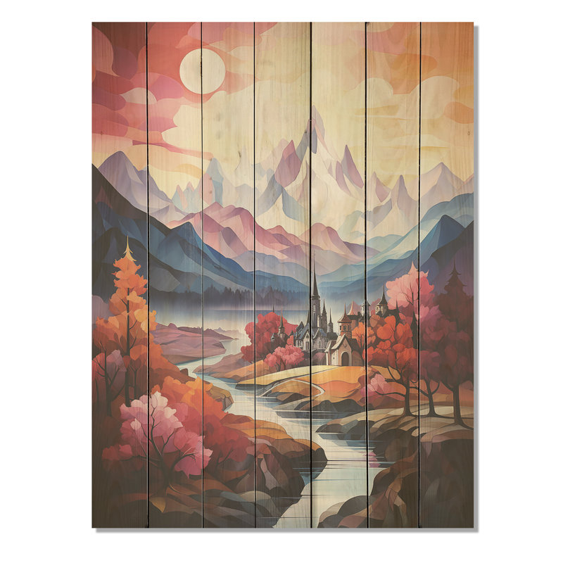 Paysage romantique majestueux II - Paysage romantique sur bois, H 32 po x l 24 po