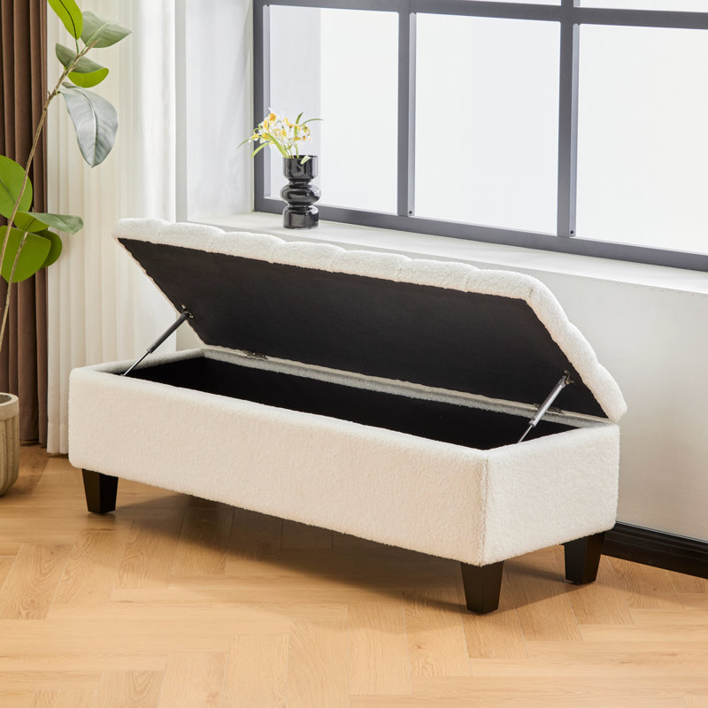 Banc repose-pieds avec rangement, surface Whiteboucle, pieds en bois d'hévéa, capacité de 300 lb