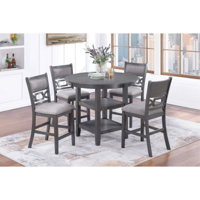 Table de salle à manger à hauteur de comptoir grise 5 pièces avec tablettes 4X et chaises hautes modernes