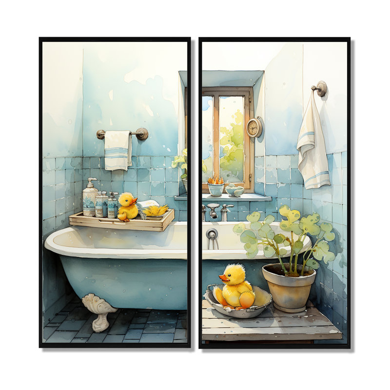 «Yellow Duck Bathroom Dip II», reproductions d'art sur toile bleues, 2 pièces, H 20 po x l 24 po, Noir