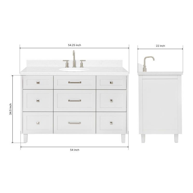 ARIEL Monroe 54 Single Sink Bathroom Vanity with Carrara Quartz Top, Carrara White Quartz, 54", White