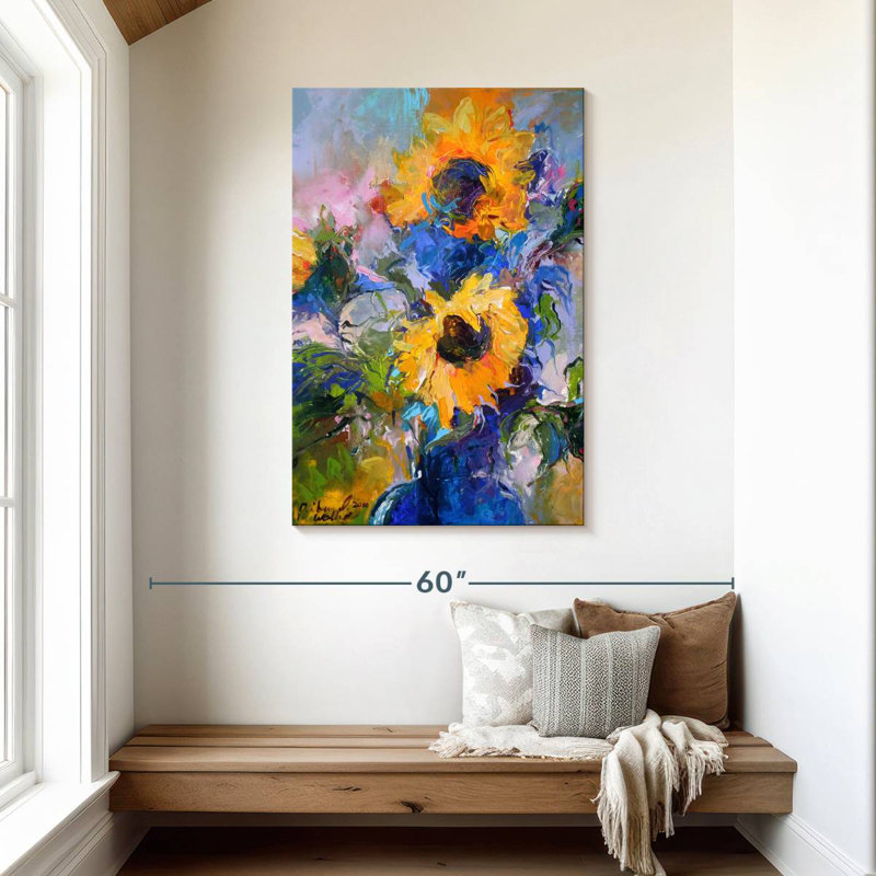 Harnek tournesols dans un vase bleu, H 45 po x l 30 po