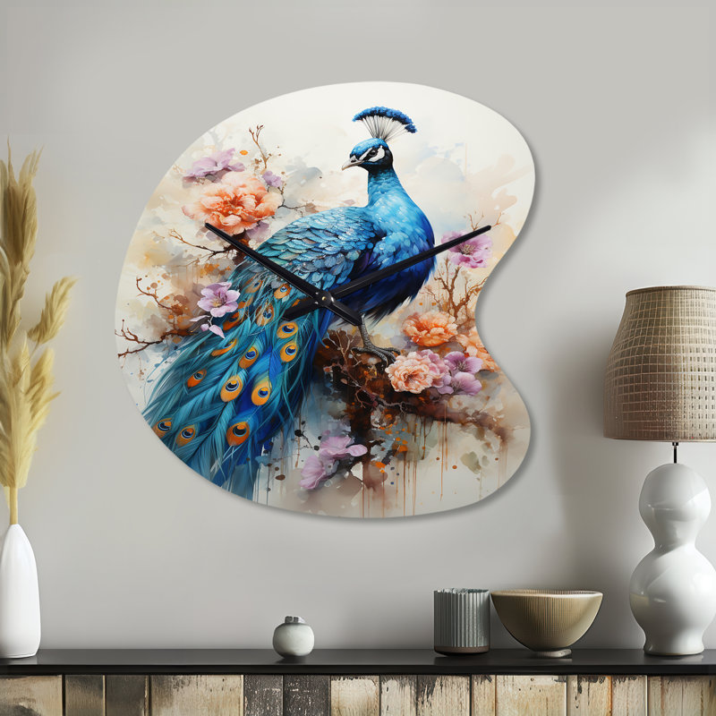 «Noh Blue Coral Indian Art Dancing Peacock II», horloge murale en forme d'art indien, Petit