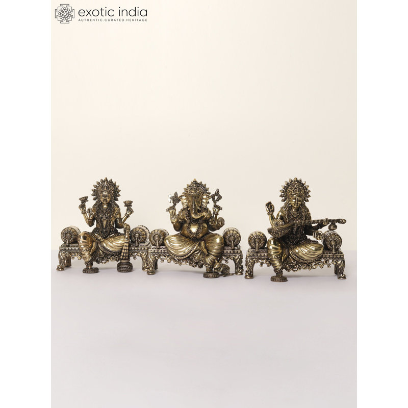 Statue de 5 po en laiton Lakshmi Ganesha Saraswati sur Singhasan