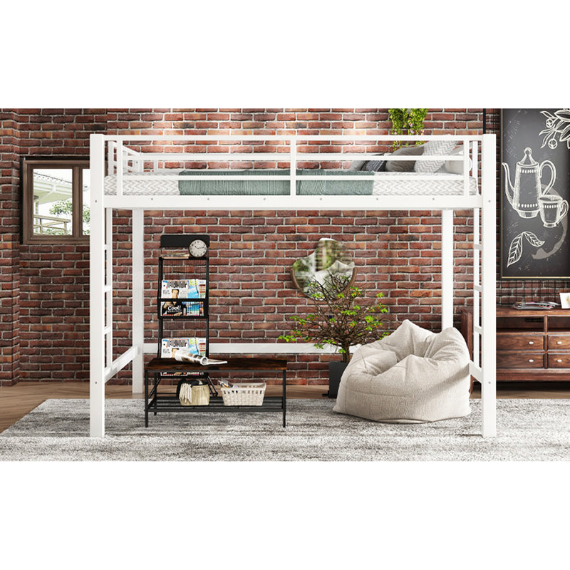 Lit mezzanine en métal blanc de taille grand avec garde-corps, échelles doubles et assemblage rapide et facile pour une chambre à coucher stable et sécuritaire