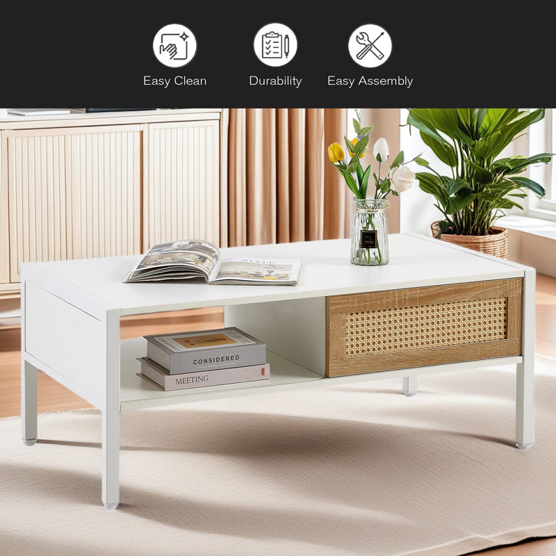 Table basse de 40,16 po en rotin, porte coulissante pour le rangement, pieds en métal, table moderne pour le salon, White