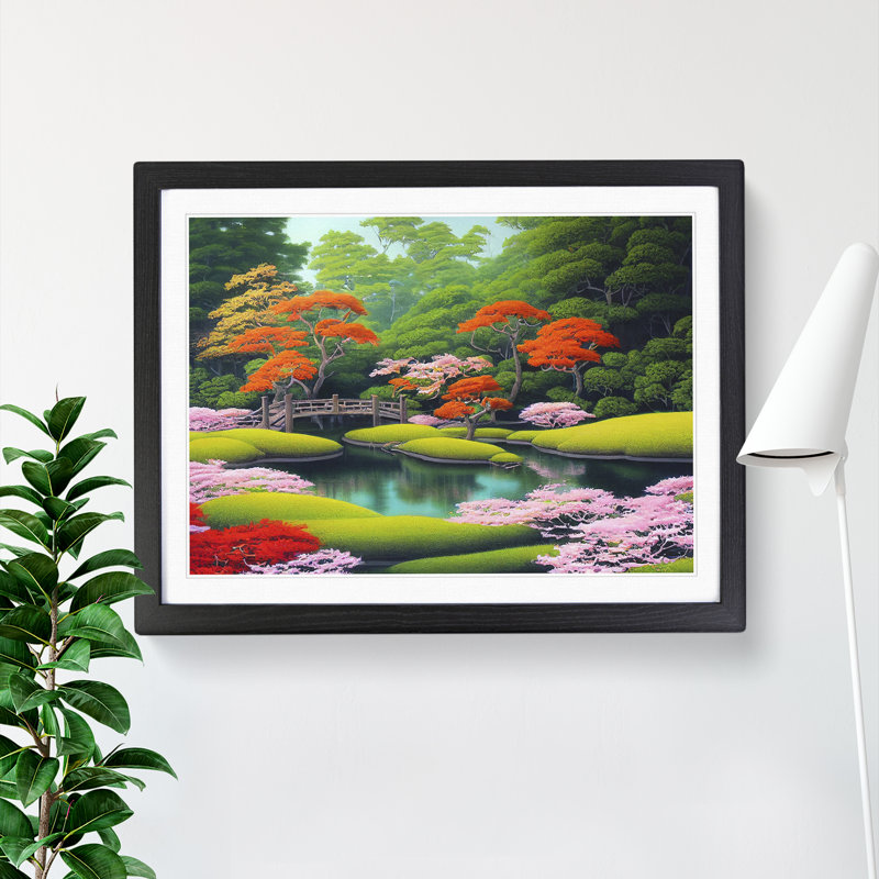 Japanese Garden Pond - Single Picture Frame Print, Black, 46cm H x 64cm W x 2cm D