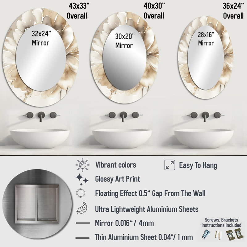 Miroir décoratif ovale simple sur fleur en métal beige, 40 po x 30 po
