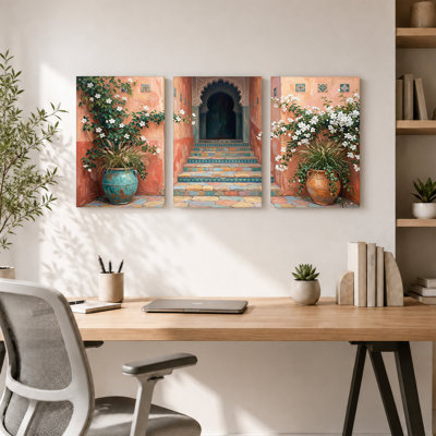 Ensemble de 3 toiles en terre cuite avec un escalier en jasmin blanc et carrelage