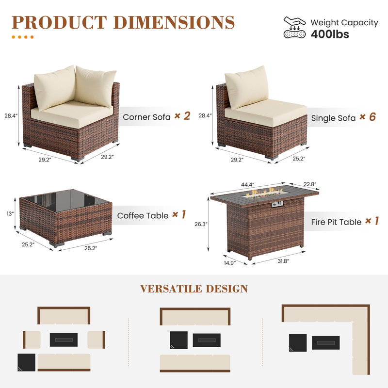 8 - Person Outdoor Wicker Patio Conversation Furniture Set With Fire Pit Table, Beige