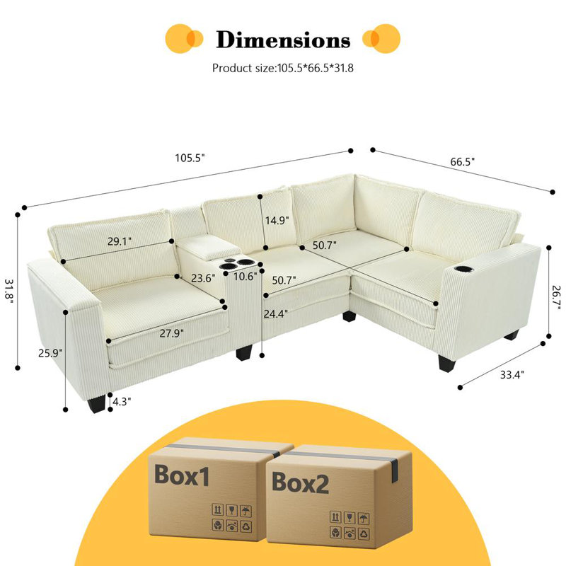 Luxury Storage Corduroy Sofa, Beige Corduroy