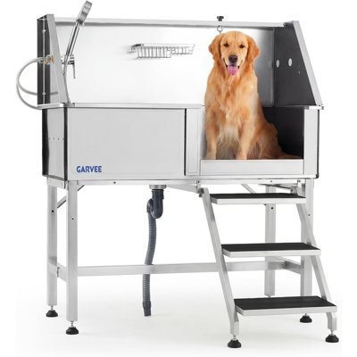 Station de lavage pour chiens 46 po en acier inoxydable - Baignoire de toilettage pour animaux avec marches d'accès, finition brossée