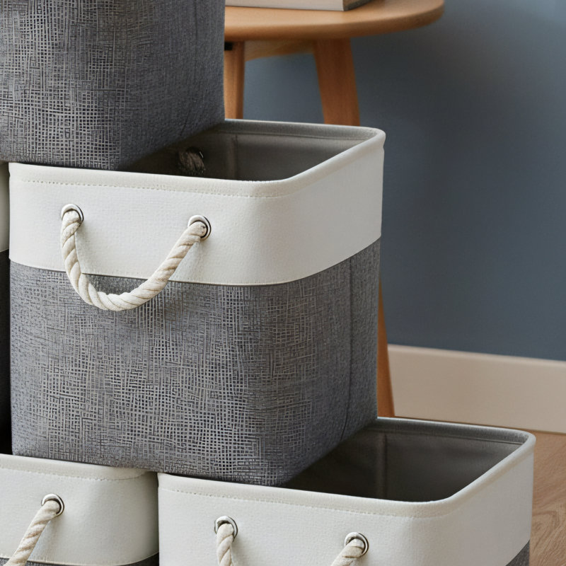 6-pack 11.2x11.2 Inch Cube Linen Storage Boxes, White + Gray, Large Size, Foldable With Rope Design. Suitable For Home/office/wardrobe. Practical For Organizing Clothes And Toys.