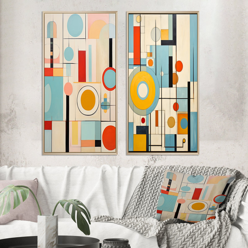 «Mid Mid Century Mod Geometrics», 2 pièces colorées, Encadrement brun, H 32 po x l 32 po