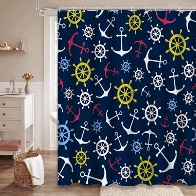 Seamless Sea Festive Pirate Ship Blue Shower Curtain with 12 Hooks