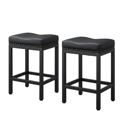 24" Upholstered Saddle Counter Stool (Set of 2), PU Leather Seat with Metal Legs