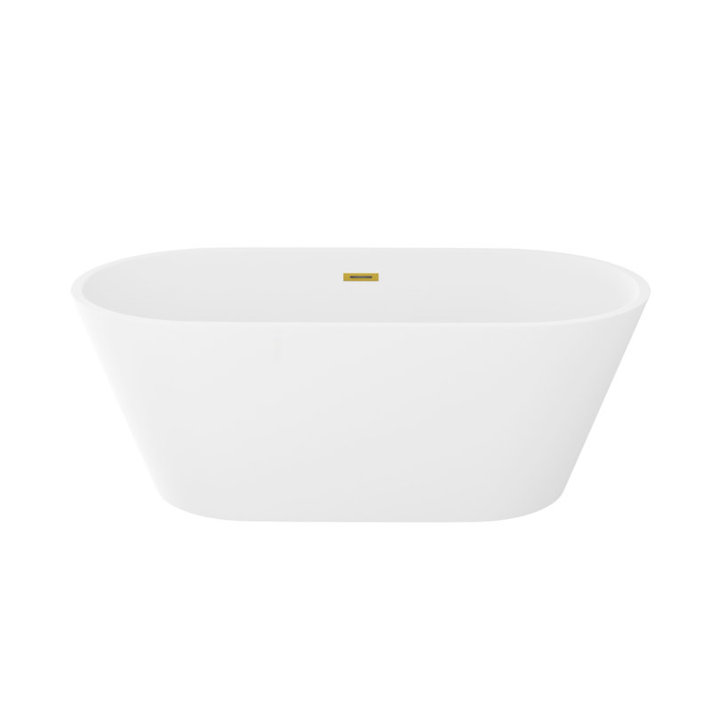 59" Acrylic Freestanding Bathtub, Stand Alone Soaking Tub, Gloss White Finish, Gold Overflow & Pop-Up Drain, Gold