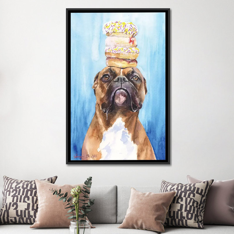 Boxer and Donuts, reproduction sur toile, H 26 po x l 18 po x P 1,5 po, Toile avec cadre noir, Pas de tapis