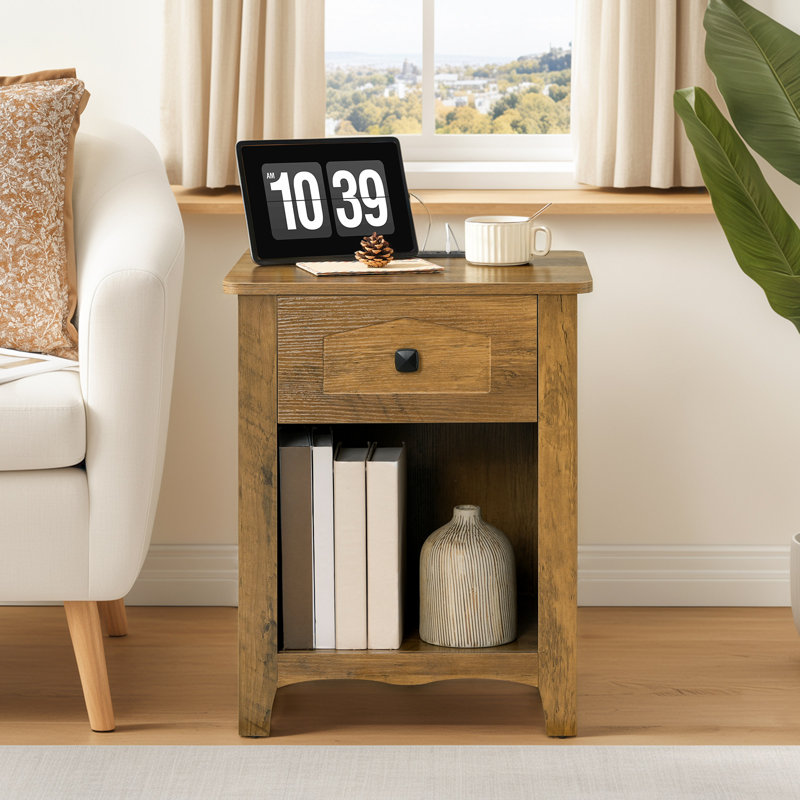 23.8'' Nightstand with Charging Station,1 Drawer & Open Compartment, End Table, Side Table, for Bedroom & Living Room