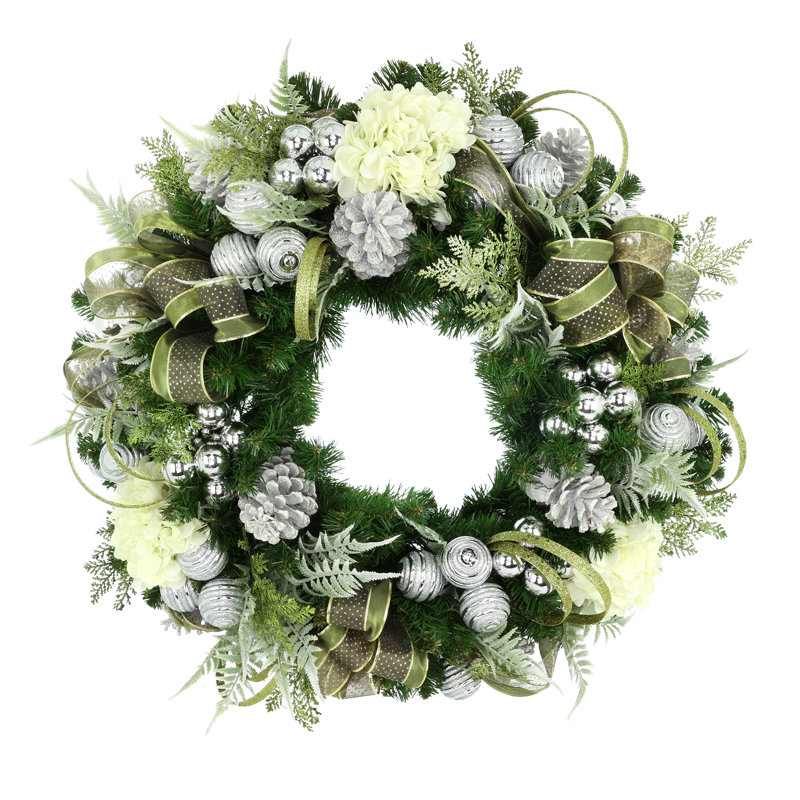 Couronne de Noël 32 po avec hortensias, ornements et boucles