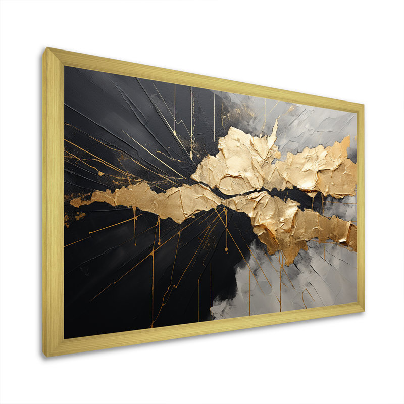 «Black and Gold Abstract Meditation I», art mural abstrait, Cadre doré simple, H 24 po x l 32 po x P 1 po