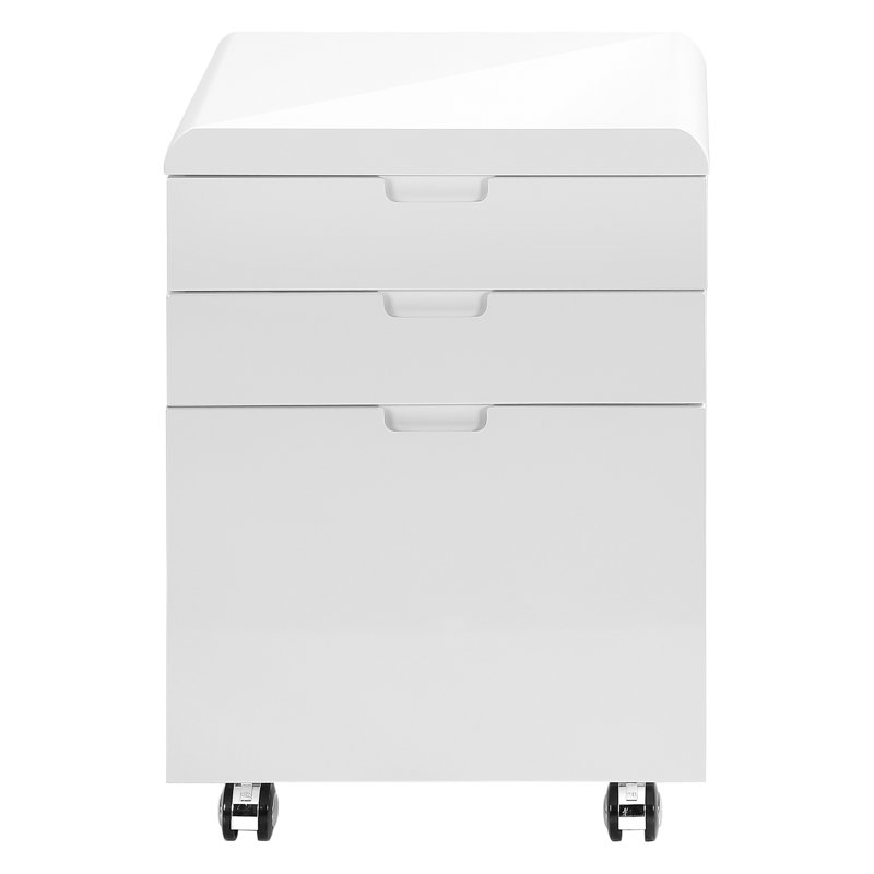 3 Drawer File Cabinet On Rolling Platform, Glossy White For Office, Modern Printer Stand With Smooth Functioning Wheels And Laminate Efficient Workspace
