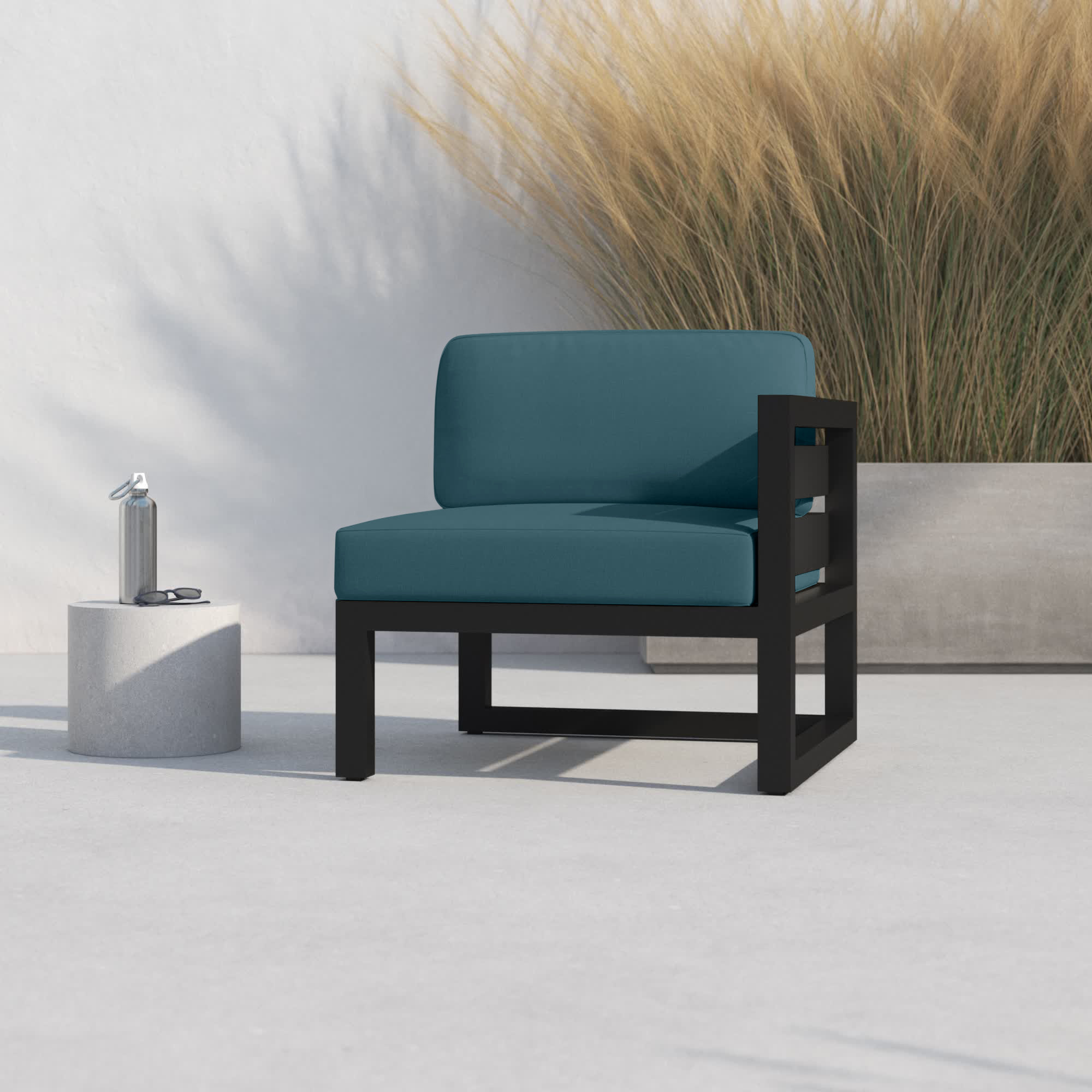 Smith Outdoor One Arm Lounge Chair with Sunbrella Cushions, Cast Lagoon, Black