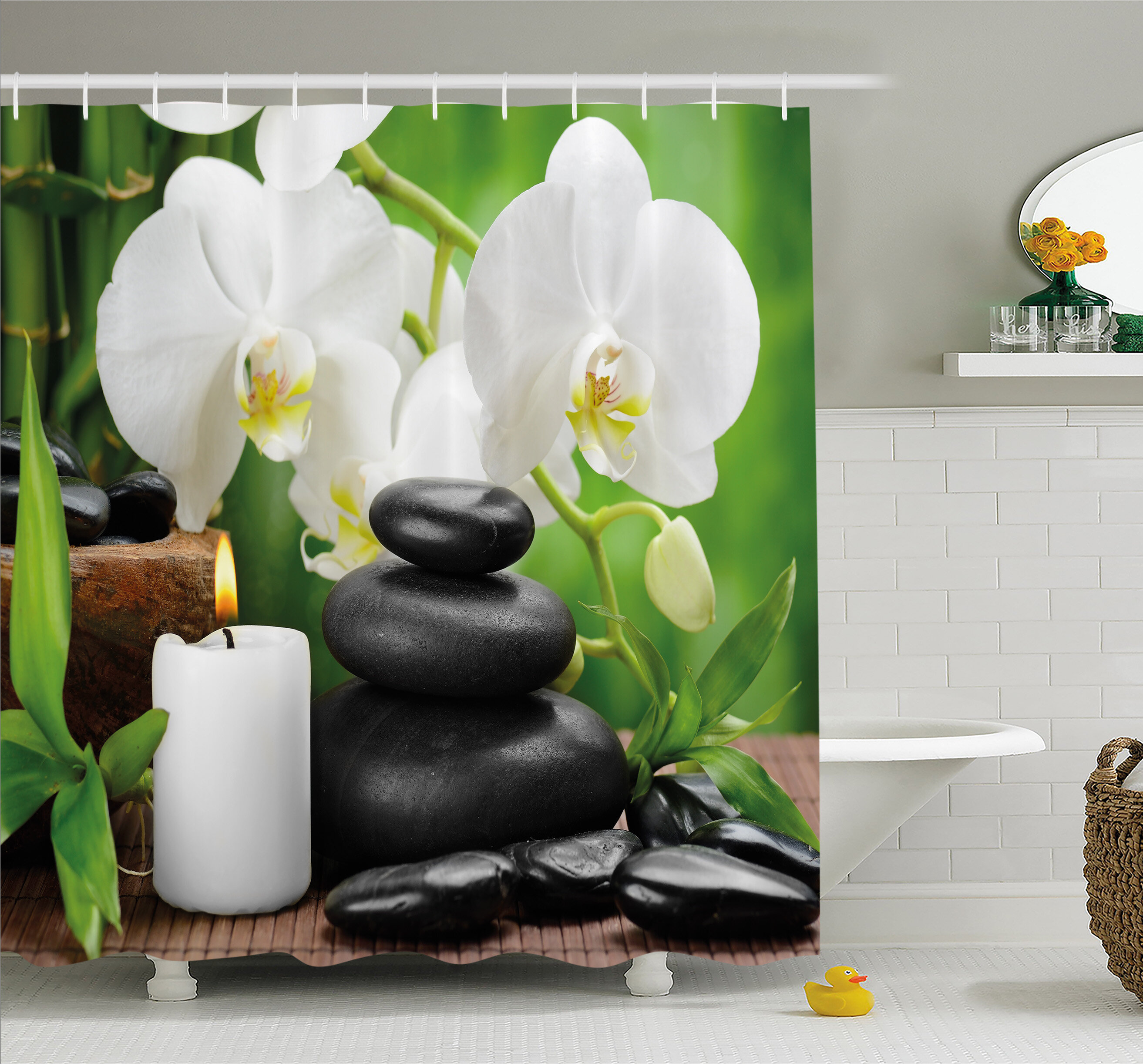 Orchid Green Bamboo Shower Curtain Spa Zen Massage Stones For Bathroom Decor