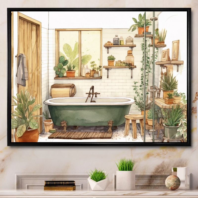"Natural Bathroom Decor", impression sur toile encadrée, Cadre flottant noir, H 34 po x l 44 po x P 1,5 po