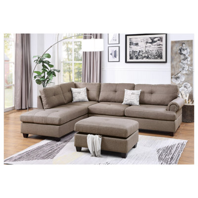 Ensemble de canapé modulaire 3 pièces contemporain avec méridienne réversible et repose-pieds, tissu Mocha Dorris
