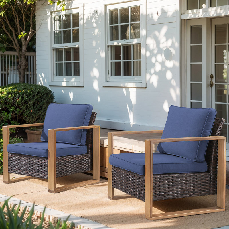 Drazen Outdoor Wicker Club Chair Set Of 2 With Thick Cushions & Unique Wood-Grain Armrests, Blue/Brown