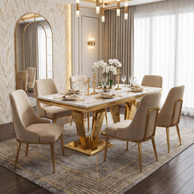 Modern 66.93" Faux Marble Rectangular Dining Table with Stanless Steel Base for 6