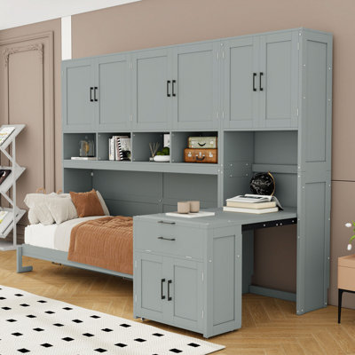 Twin Size Murphy Bed with Integrated Storage Shelves and Cabinets