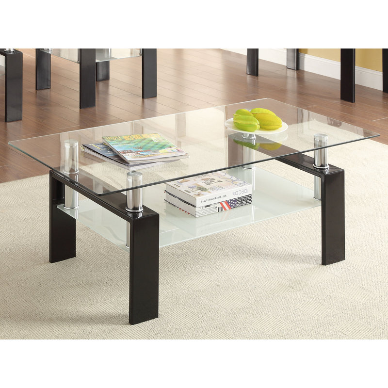 Black Rectangular Glass Coffee Table with Shelf