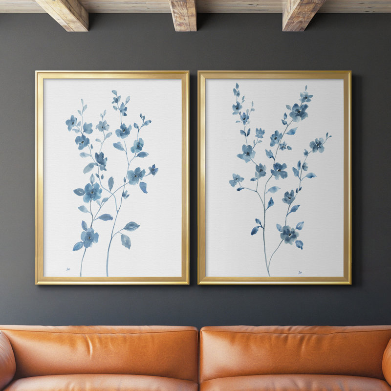 «Blue Blossom I», toile encadrée de qualité supérieure - prête à être accrochée, Or, H 42,5 po x l 61 po x P 1,25 po