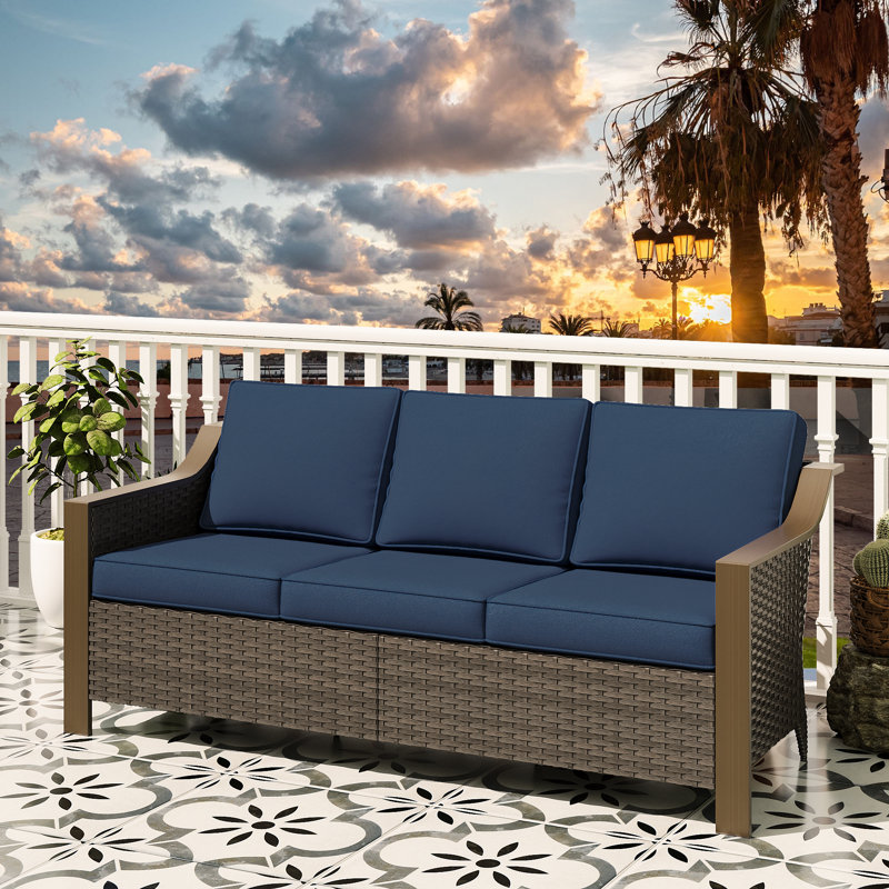 Premium Outdoor Patio Rattan Three-person Sofa, Blue