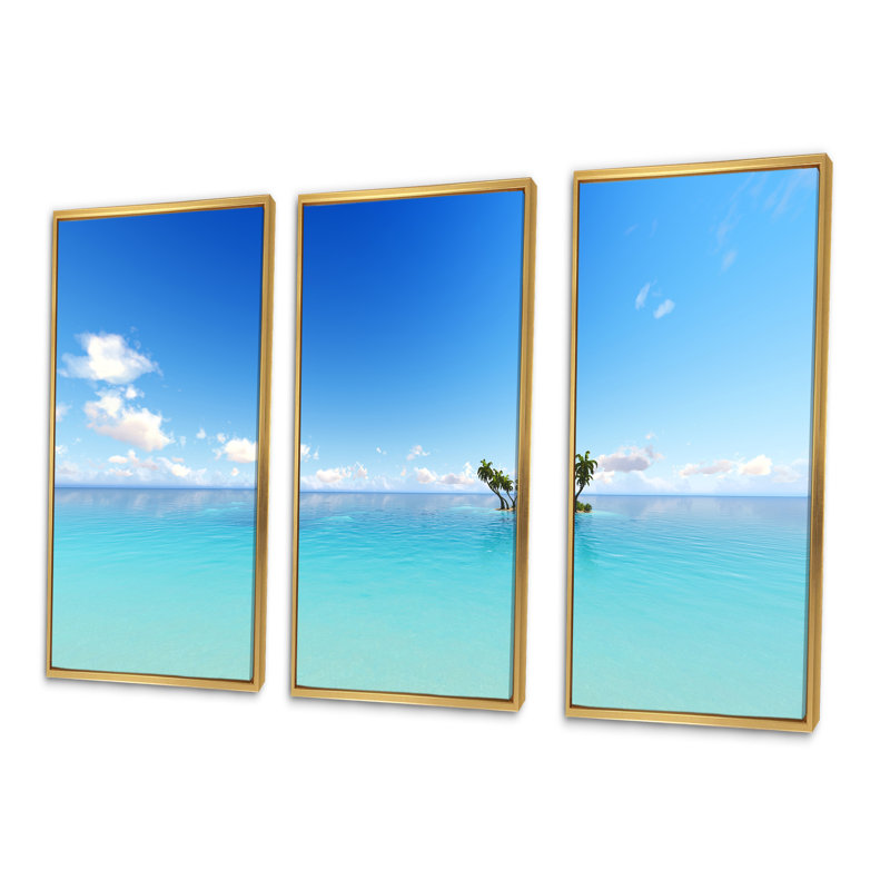 «Blue Corals Island Sea - Sea & Shore», ensemble de 3 toiles murales encadrées, H 28 po x l 36 po x P 1 po, Or
