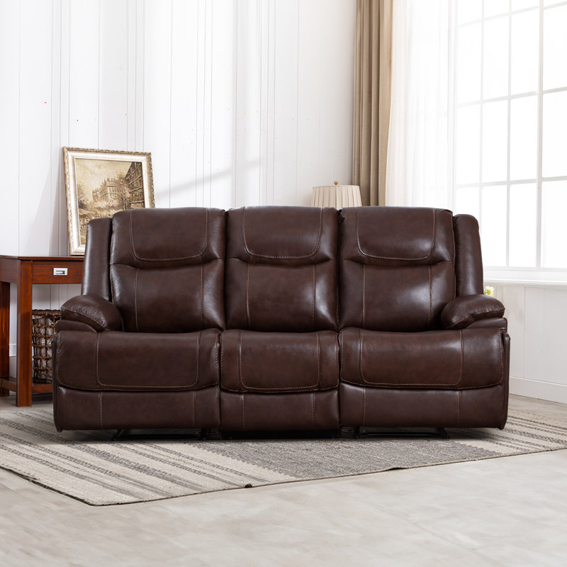 Elegant 81.89'' Wide Modern Overstuffed Manual Premium Genuine Leather Triple Seater Recliner Sofa, Brown