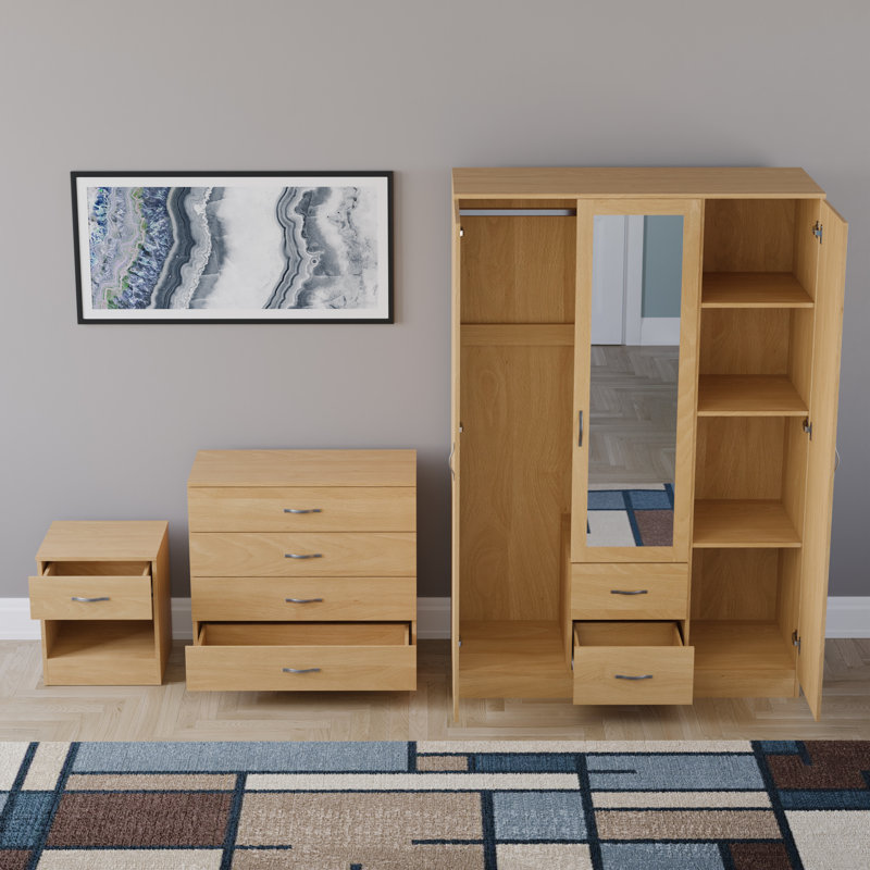 Maybery 3 Piece Bedroom Set (1 Drawer Bedside Chest, 4 Drawer Chest, 3 Door 2 Drawer Mirrored Wardrobe), (5), Pine