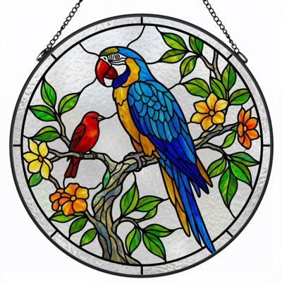 12"H Parrot And Bird Stained Glass Window Panel