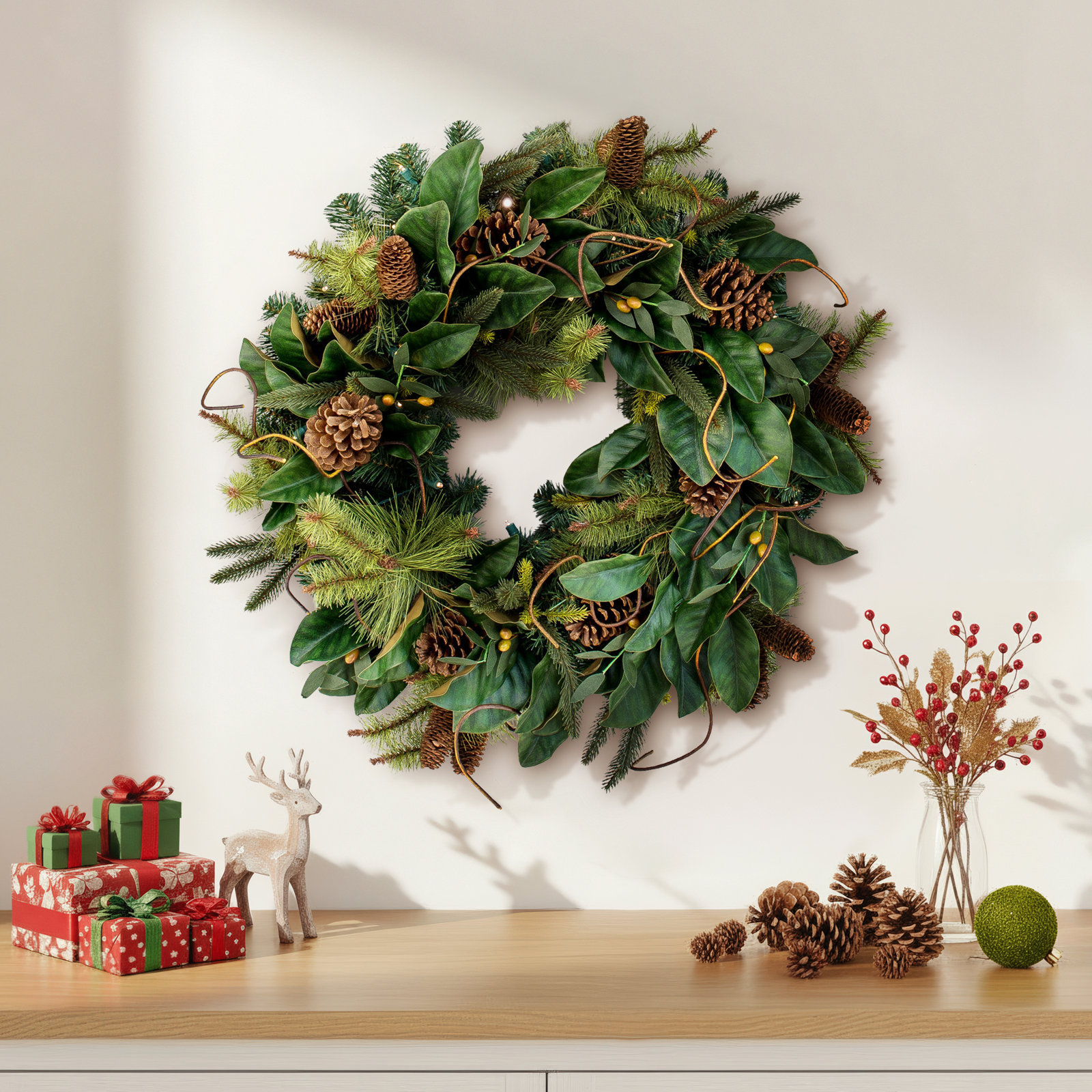 Adaylee 30 in. Holiday Wreath with Lights - Magnolia Leaf