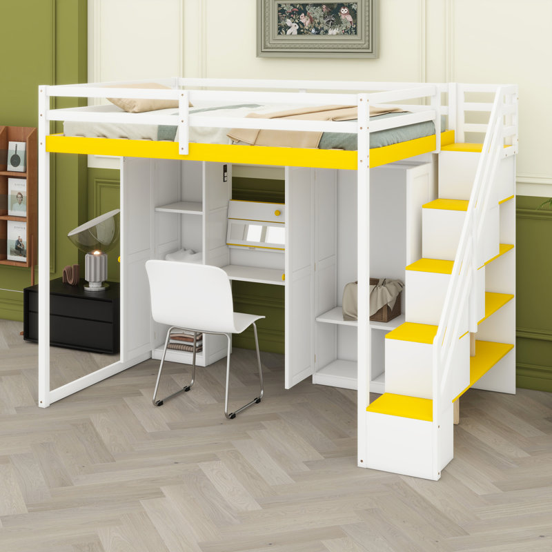 Lit mezzanine peu encombrant avec coiffeuse, miroir, escalier de rangement, armoires et éclairage et alimentation intégrés