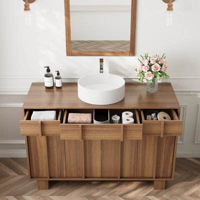 Meuble-lavabo autoportant en bois de 122 cm avec lavabo rond en céramique blanche, meuble de salle de bain en noyer avec plusieurs tiroirs et portes de rangement, meuble-lavabo rustique en noyer avec lavabo simple.