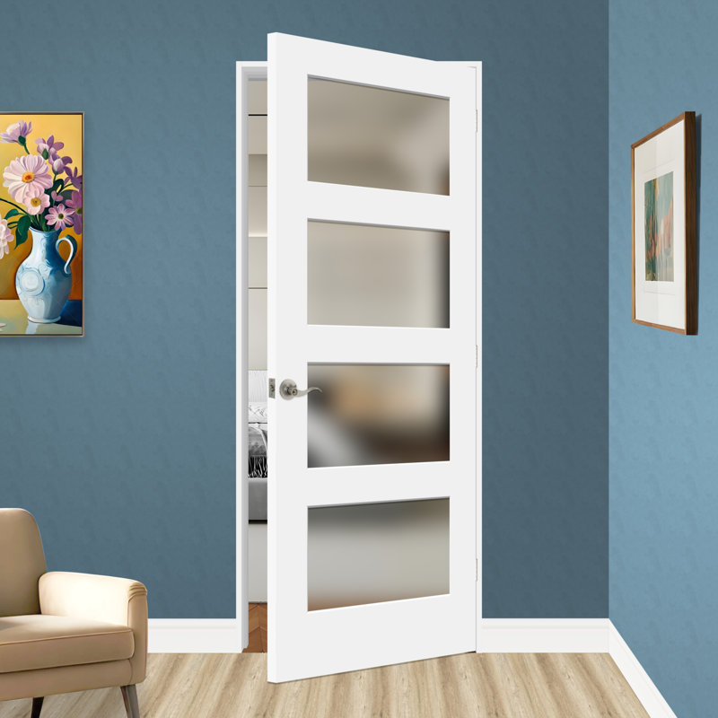 Porte pré-percée en verre trempé givré et en bois manufacturé blanc apprêté de 80 po de hauteur et de 80 po de hauteur