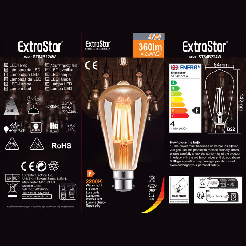 Pack of 6 B22 Bayonet Vintage Edison LED Filament Light Bulbs