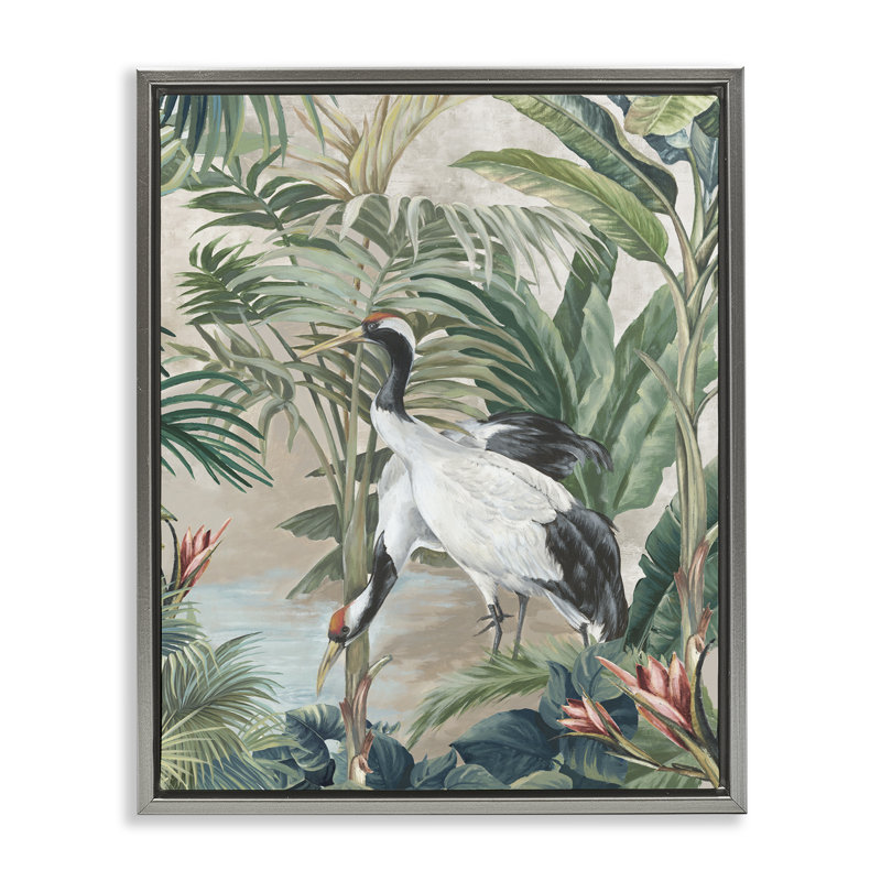 "Tropical Oasis Cranes", art mural encadré par Eli Jones, Cadre flottant gris lustré, H 31 po x l 25 po