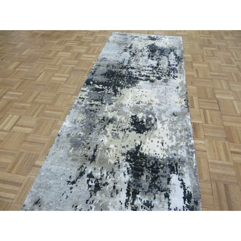 Tapis de couloir gris noué à la main de conception unique 3 pi 1 po x 10 pi 2 po Julii