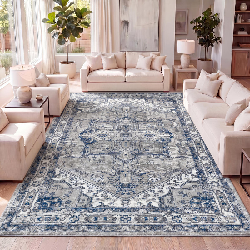 Tapis moderne persan rétro à motif de médaillons gris clair / bleu marine Lawton, Rectangle 7 pi 9 po x 10 pi