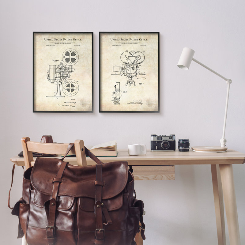 Vintage Movie Camera Patent Diagram Black Framed Canvas Art, 11 x 14